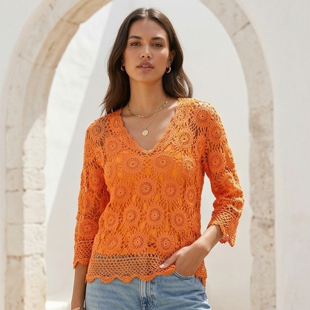 Vintage S Unbranded‎ Orange Crochet Lace Overlay V-Neck Top T88B No Tags